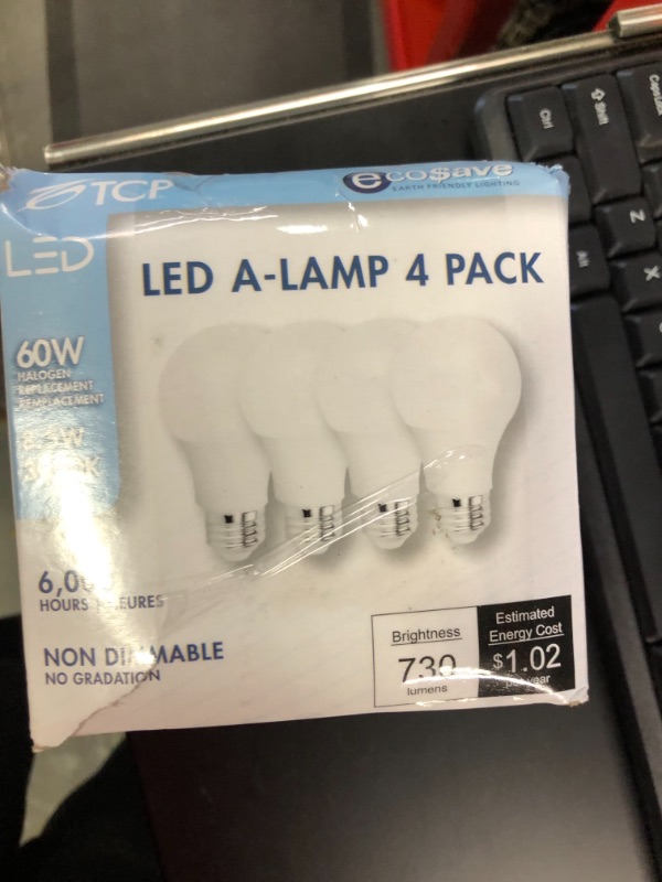 Photo 1 of TCP Eco$ave LED 60 Watt Equivalent | 4 Pack | Soft White (3000K) Shatter Resistent | 730 Lumens | 6,000 Hour | Non-Dimmable Light Bulbs 4 Count (Pack of 1) Soft White