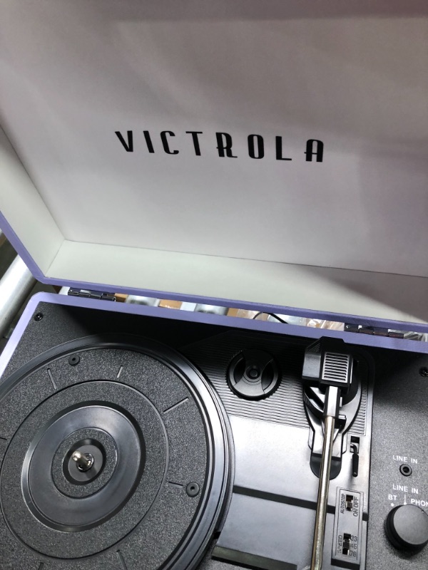 Photo 8 of Victrola Vintage 3-Speed Bluetooth Portable Suitcase Record Player with Built-in Speakers | Upgraded Turntable Audio Sound | Lavender (VSC-550BT-LVG) Lavender/Silver Record Player