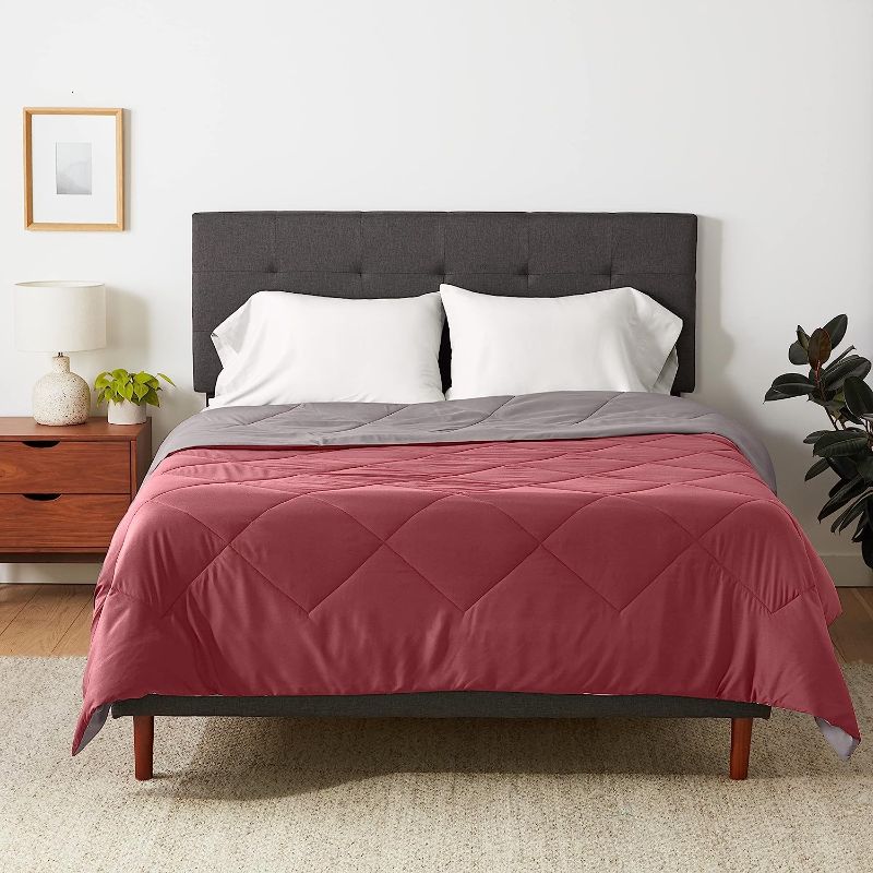 Photo 1 of Amazon Basics Reversible Lightweight Microfiber Comforter Blanket, Full/Queen, Burgundy/Gray
