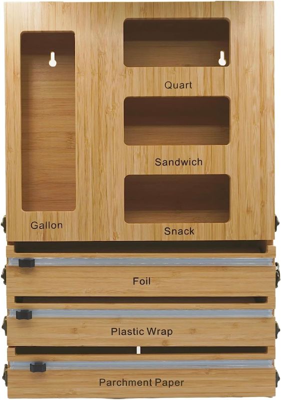 Photo 1 of Ziplock Bag Storage Organizer for Drawer, 3 in 1 Dispenser with Cutter-Bamboo Dispenser box, Compatible with Gallon, Quart, Sandwich and Snack Variety Size Bag (1 Box 4 Slots) Cutter (3 slots)
