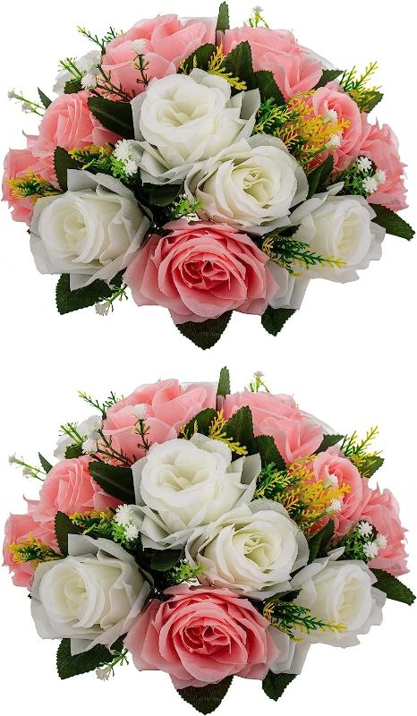Photo 1 of Artificial Flowers Rose Centerpieces - 2 Pcs Faux Flower Kissing Ball Fake Flower 15 Heads Plastic Roses with Base Perfect for Wedding Bouquets Party Table Decor for Flower Balls Wedding(Pink White)

