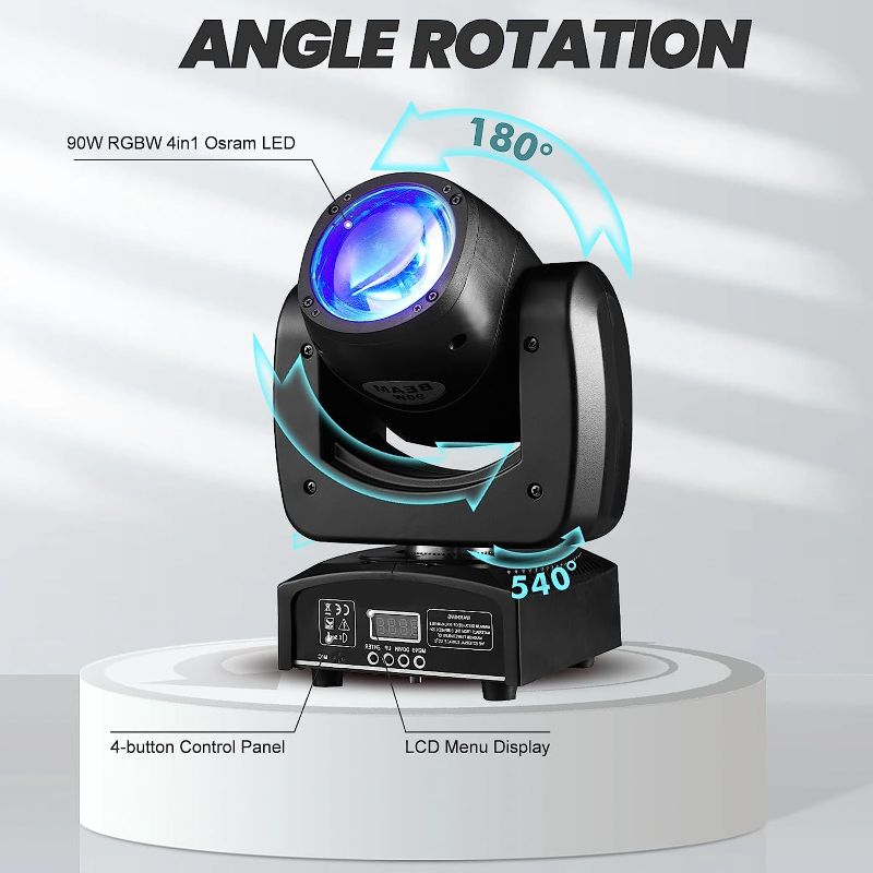 Photo 1 of 90W LED Moving Head DJ Lights Mini Beam Stage Lights with Sound Activated RGBW 4 In1 Super Bright Spot Light DMX Control for Wedding DJ Party Stage Lighting
