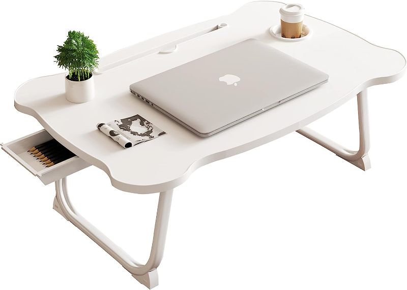 Photo 1 of Foldable Laptop Bed Table Lap Desk Stand, Serving Tray Dining Table with Slot, with Foldable Legs & Cup Slot?Notebook Stand Holder, Working, Watching Movie on Bed/Couch/Sofa/Floor (White)
