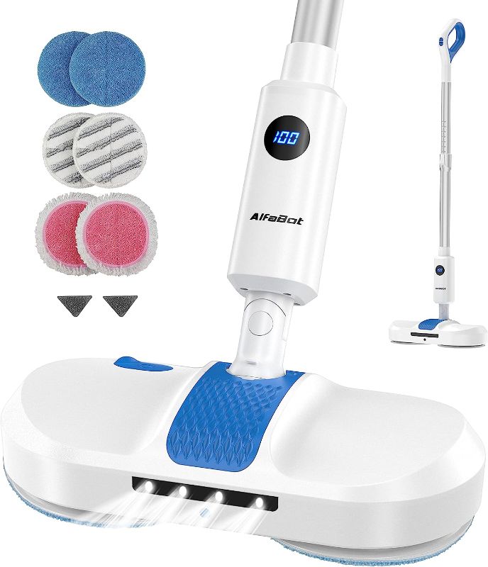 Photo 1 of AlfaBot Electric Mop for Floor Cleaning, Cordless Spin Mop with Water Sprayer and LED Headlight, Super Quite & Rechargeable Floor Scrubber for Hardfloor
