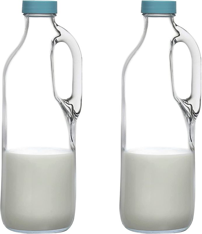 Photo 1 of 2 Pc 47oz Clear Glass Milk Bottles Glass Pitcher with Handle and Lids - Airtight milk Container for Refrigerator Jug Water Juice Heavy Milk Bottle Liquid...
