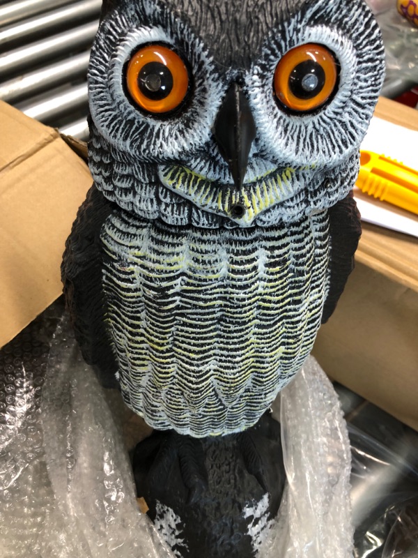 Photo 3 of  Fake Owl Decoy to Scare Birds Away Solar Scarecrow Decoy Motion Activated Bird Deterrent Bird Repellent with Red Flashing Eyes Frightening Sound Plastic Scarecrow for Yard 1 PIECE
