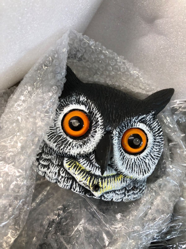 Photo 4 of  Fake Owl Decoy to Scare Birds Away Solar Scarecrow Decoy Motion Activated Bird Deterrent Bird Repellent with Red Flashing Eyes Frightening Sound Plastic Scarecrow for Yard 1 PIECE

