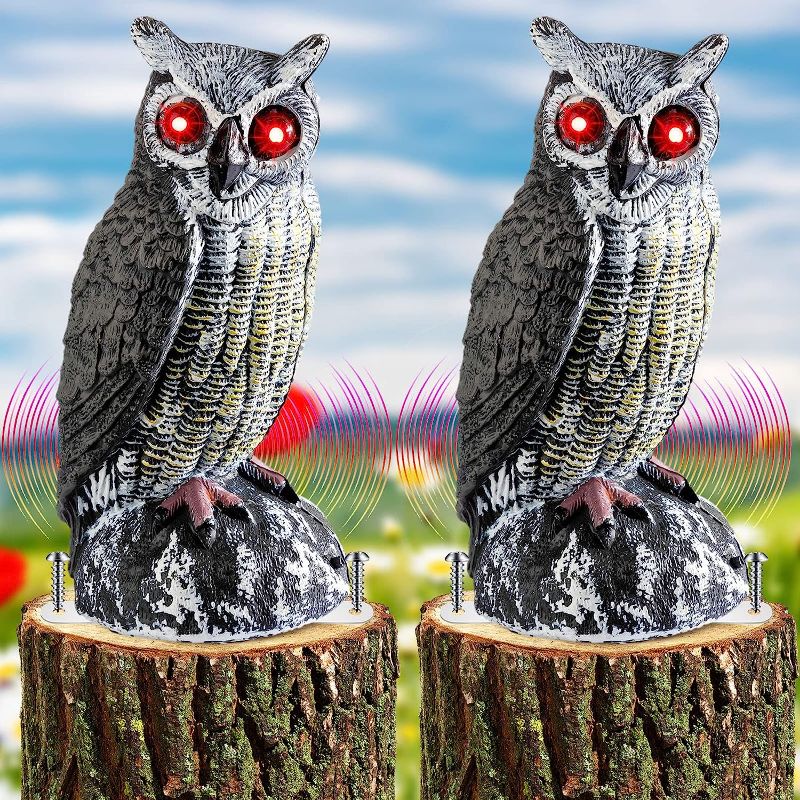 Photo 1 of  Fake Owl Decoy to Scare Birds Away Solar Scarecrow Decoy Motion Activated Bird Deterrent Bird Repellent with Red Flashing Eyes Frightening Sound Plastic Scarecrow for Yard 1 PIECE
