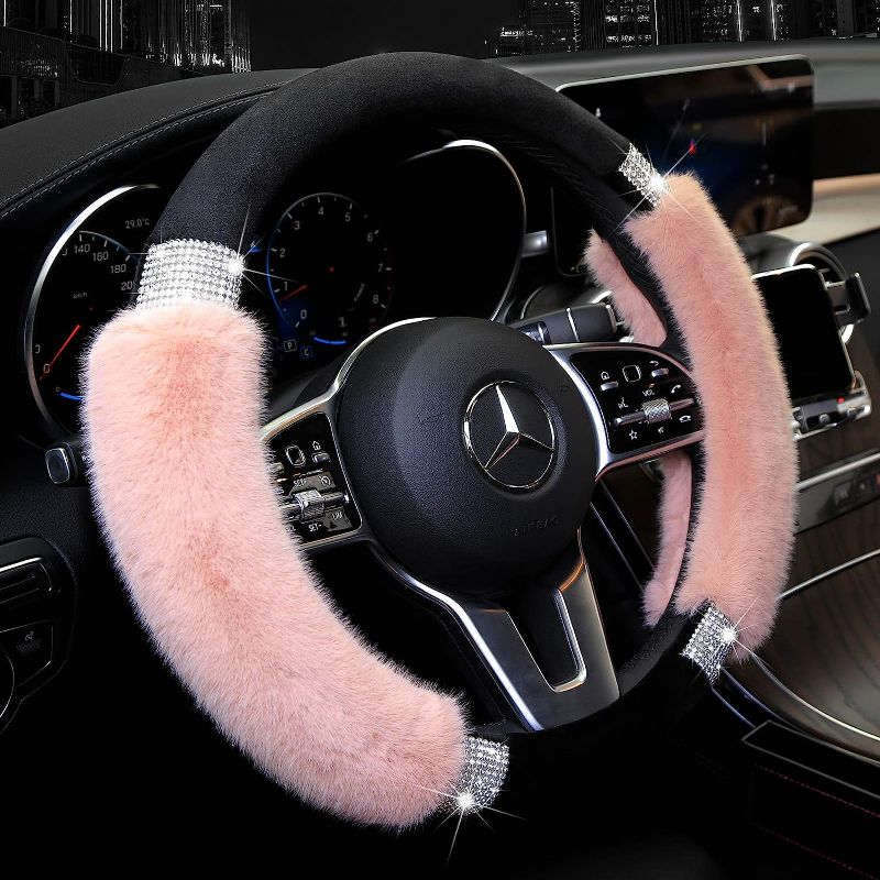 Photo 1 of Achiou Rhinestone Fluffy Steering Wheel Cover - Comfortable Non-Slip Luxury Faux Wool, Universal Fit for 14.5" to 15" Steering Wheels
