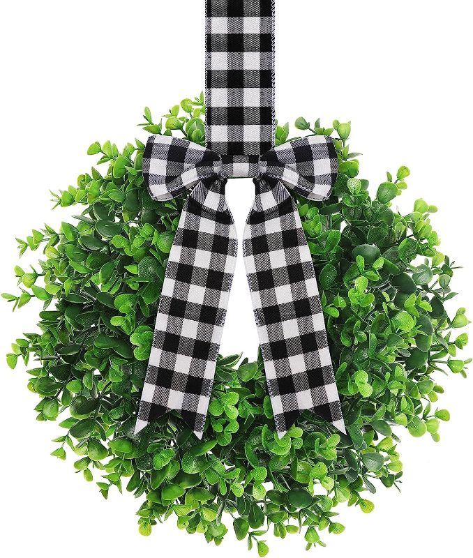 Photo 1 of Artificial Eucalyptus Wreath Greenery Hanging Wreath Kitchen Cabinet Wreath with Buffalo Plaid Bow Black and White Check Bow for Christmas Front Door Home Wall Porch Patio Garden Decor
