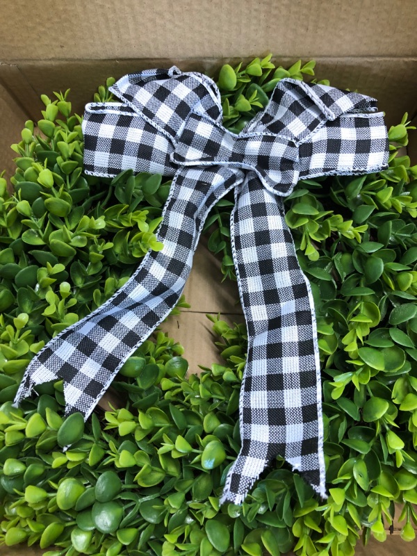 Photo 3 of Artificial Eucalyptus Wreath Greenery Hanging Wreath Kitchen Cabinet Wreath with Buffalo Plaid Bow Black and White Check Bow for Christmas Front Door Home Wall Porch Patio Garden Decor
