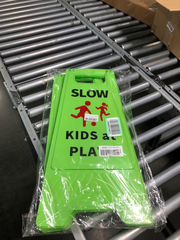 Photo 2 of Slow Kids at Play Sign, Children at Play Safety Signs with Double-Sided Text and Graphics for Street Neighborhoods Schools Park Sidewalk Driveway (2-Pack Green)