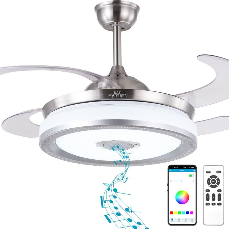Photo 1 of BAYSQUIRREL Retractable Bluetooth Ceiling Fan with Speaker, 85 Kinds of Color Light Bluetooth Ceiling Fan with Light,6 Speed Reversible Modern Invisible Ceiling Fan,Remote and APP Control
