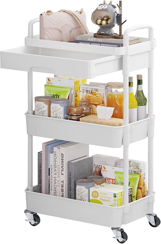 Photo 1 of 
Calmootey 3-Tier Rolling Utility Cart with Drawer,Multifunctional Storage Organizer with Plastic Shelf & Metal Wheels,Storage Cart for Kitchen,Bathroom...
Size:3-Tier
Color:White