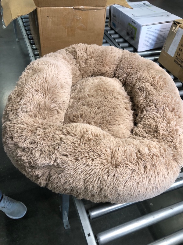 Photo 1 of Bedsure Calming Dog Beds for Small Medium Large Dogs - Round Donut Washable Dog Bed, Anti-Slip Faux Fur Fluffy Donut Cuddler Anxiety Cat Bed, Fits up to 15-100 lbs 20x20x6 Inch (Pack of 1) Camel