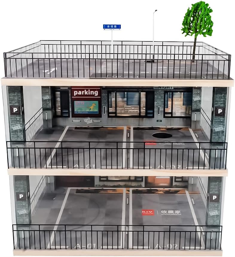 Photo 1 of kivcmds 1:18 Scale 3-Tiers Model Car Display Case with Parking Lot Scene for Sports Car and Lego Models Collector, Display Stand for Alloy Car Toy with Light (3-Tiers Convenience Store Parking Lot)