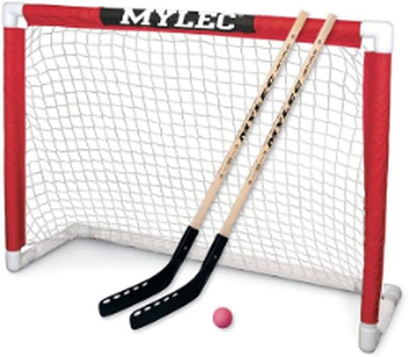 Photo 1 of MyLec Deluxe Hockey Set, with 1 Hockey Goal, 2 43" Hockey Sticks & 1 Soft Ball, Sleeve Netting System, PVC Tubing Net, Lighweight & Durable, Enhanced Grip, Pre-Curved Mini Hockey Stick (Red/White)
