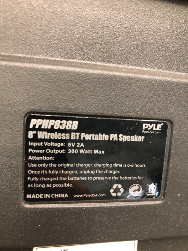 Photo 1 of Portable Bluetooth PA Speaker System - 300W Rechargeable Outdoor Bluetooth Speaker Portable PA System w/ 8” Subwoofer 1” Tweeter, Microphone in, MP3/USB, Radio, Remote - Pyle PPHP838B, Black
--- SPEAKER ONLY --- 