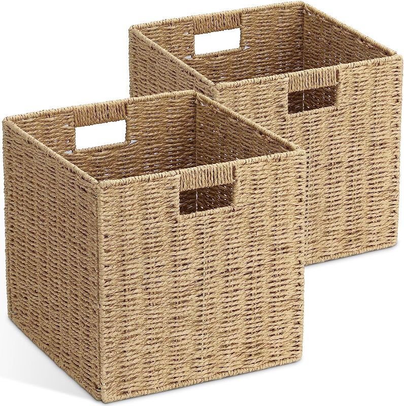 Photo 1 of 2 Pack Wicker Baskets, Graciadeco Hand-Woven Paper Rope Storage Baskets Woven, Foldable Storage Cube Bins, Storage Basket for Shelves Organizing or Decor, 12 * 12 * 12 Inches,Khaki