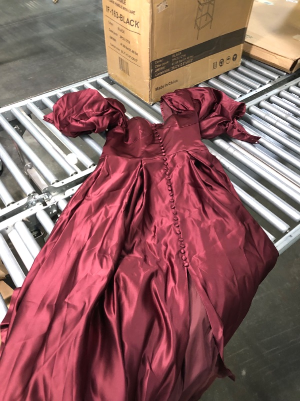 Photo 2 of Xjizu Long Puffy Sleeve Prom Dresses Princess Ball Gown for Women Satin Formal Party Wedding Evening Dress 12 Burgundy