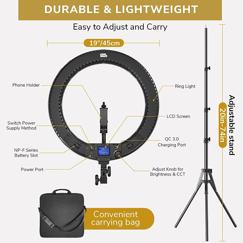 Photo 1 of 19 inch Ring Light Kit, 60W LED Ring Light with LCD Screen, Support 2.4G Remote and Multiple Lights Control, CRI>97, 3000K-5800K, Tripod Included for Makeup, YouTube Video, Barber, Tiktok Live