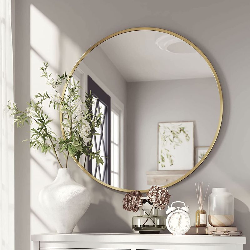 Photo 1 of Barnyard Designs 24 inch Gold Round Mirror, Modern Bathroom Mirrors for Wall, Farmhouse Mirror, Metal Framed Round Mirror, Circle Mirrors for Wall, Bathroom Vanity Mirror, Wall Mirrors Home Decor Gold 24"