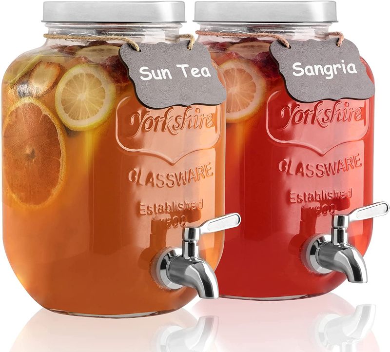 Photo 1 of 1 Gallon Drink Dispenser with Spigot 18/8 Stainless Steel - [2 Pack] Airtight & Leakproof Glass Sun Tea Jar with Anti-Rust Lids, Beverage Dispenser for Parties - Laundry Detergent Holder 2 Clear