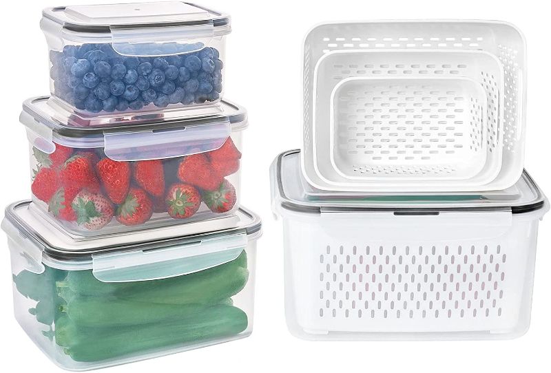 Photo 1 of 4 PCS Fruit Storage Containers for Fridge with Removable Colanders, Different Sizes Airtight Food Storage Containers - Dishwasher Safe, Produce Saver Containers for Refrigerator to Keep different Berry, Fruits, Vegetables, Meat Fresher Longer