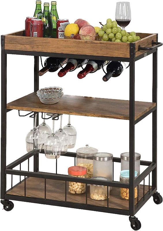 Photo 1 of Bar Cart, Kitchen Serving Cart on Wheels with 3 Tier Storage Shelves and Handle,Wine Rack Glasses Holder Portable Trays Universal Casters,Rolling Cart Alcoholic Beverage