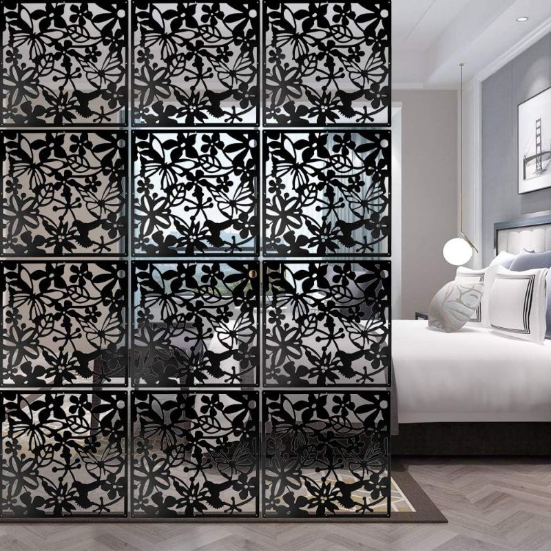 Photo 1 of ANMINY 12 PCS Hanging Room Divider Flower Carving Pattern Panels Decorative Wall Screen Panel Hollow Out Design for Living Dining Room Kitchen Bedroom Office Bar Restaurant Home Hotel Decor - Black