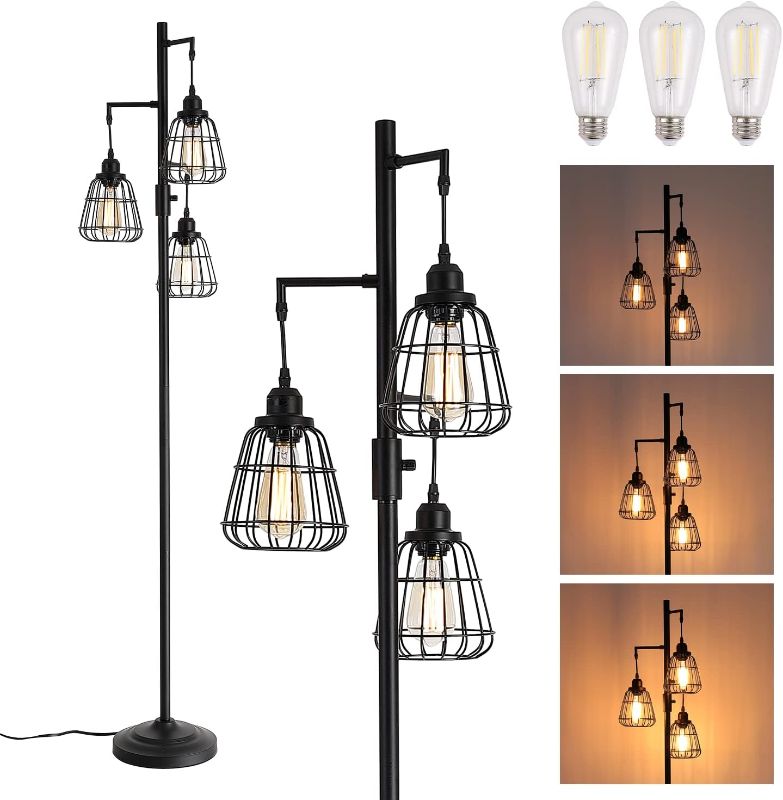 Photo 1 of 9MMML Dimmable Floor Lamp,Industrial Farmhouse Tall Standing Floor Lamp for Living Room, Bedroom Office,3 Teardrop Cage Lampshade,3 LED Bulbs Inculded.68 Tall