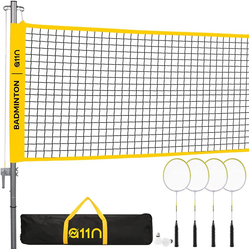 Photo 1 of A11N Outdoor Badminton Set - Includes Anti-Sag Net, 4 Rackets, 2 Shuttlecocks, and Carrying Bag - for Backyard, Beach, and Park