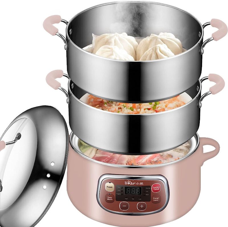 Photo 1 of Bear Electric Multifunctional Food Steamer, One Touch Digital Steamer with Timer, Vegetable Steamer 2 Tiered Stackable Stainless Steel Baskets, Auto Shut-off & Anti-dry Protection, 1200W Fast Heating, 8.5Quart, Pink