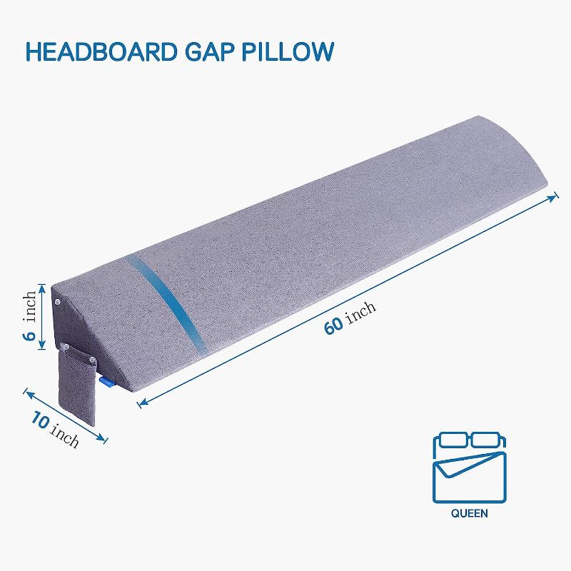 Photo 1 of banflower Queen Size(60"x10"x6") Bed Wedge Pillow for Headboard Multi-Use Reading Pillow Long Bolster Pillow Bed Gap Filler (0-6") Between Mattress and Headboard or Wall (Grey)