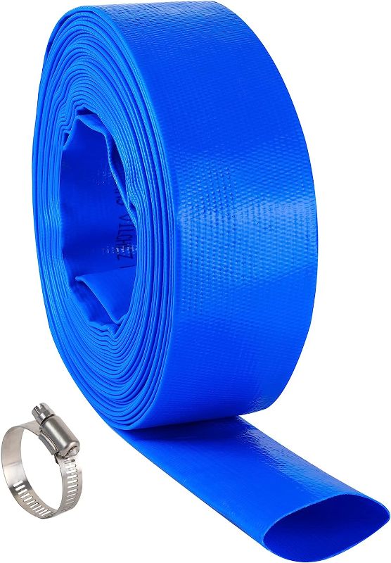 Photo 1 of 3" x 90 PSI Backwash Hose, Blue Heavy Duty Reinforced PVC Lay Flat Water Discharge Hose for Swimming Pool Filter Pump,with 1 Clamp…

