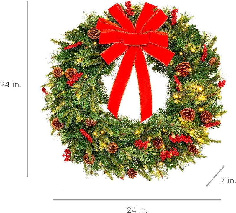 Photo 1 of Best Choice Products 24in Christmas Wreath Artificial Pre-Decorated Holiday Accent , Ribbons, Pine Cones