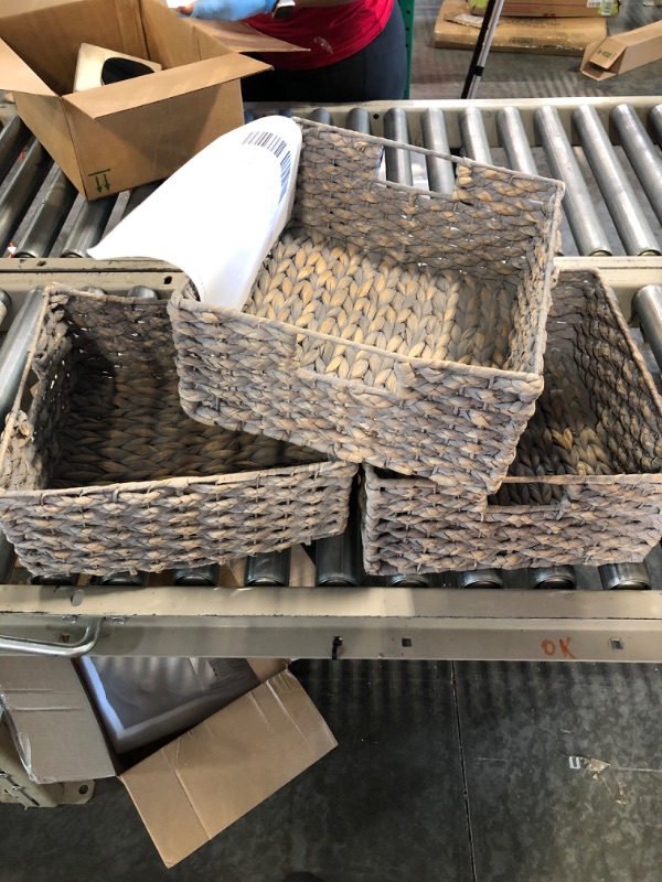 Photo 3 of ****USED//SLIGHTLY BENT****mDesign Hyacinth Braided Woven Kitchen Basket Bin with Built-in Handles for Organizing Kitchen Pantry, Cabinet, Cupboard, Countertop, Shelves - Holds Food, Drinks, Snacks - 3 Pack - Gray Wash Gray Wash 13 x 12 x 6