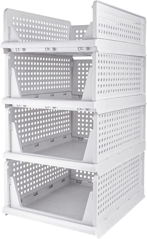 Photo 1 of 4 Pack Closet Basket Shelf Storage Bins Plastic Super Large Capacity Collapsible Kid Toy Rack Tan for Kitchen Cabinets, Pantry, Offices, Bedrooms, Bathrooms 13x17x8