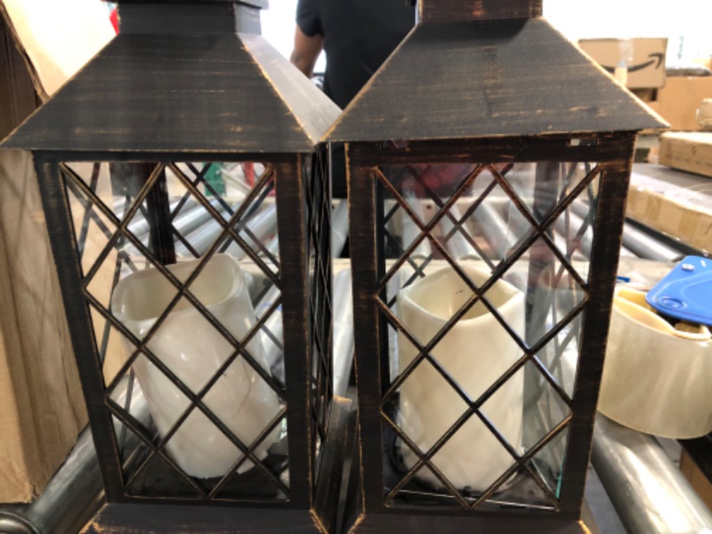 Photo 3 of 14" Golden Brushed Vintage Decorative Candle Lantern with 4 Hours Timer (Batteries Included) Hanging for Indoor&Outdoor Flameless Candles (Set of 2)