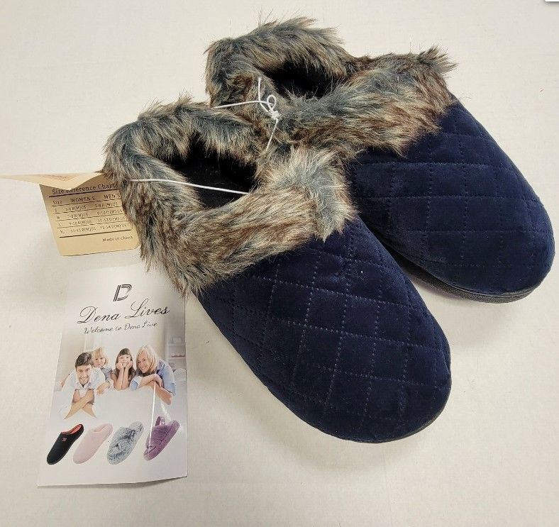 Photo 1 of New Dena Lives Blue Faux Fur Memory Foam Slippers Unisex Size Small