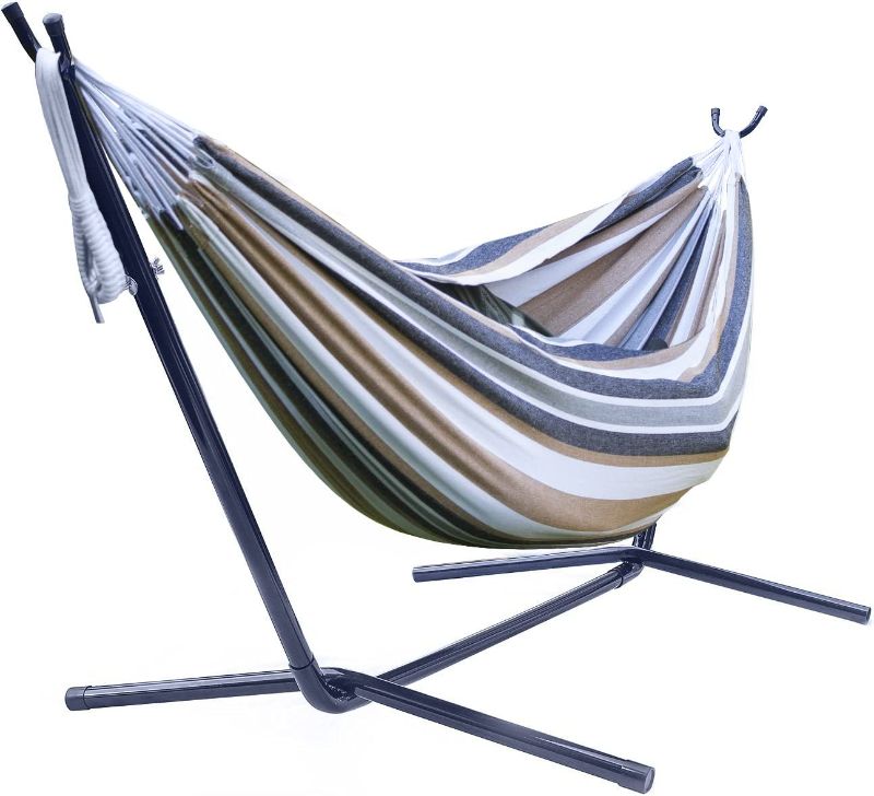 Photo 1 of 2-Person Premium Hammock with Steel Stand- Premium Cotton Blend 60" Large Hammock Bed- Heavy Duty 450lbs Portable Hammock w/Carrying Case - For Garden Yard Patio Outdoor Camping Gifts- Washable