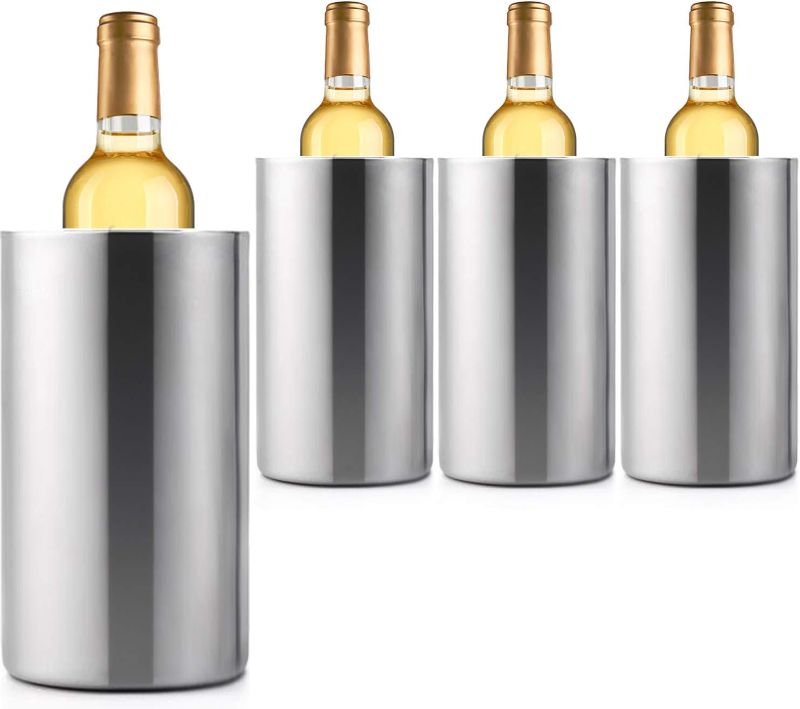 Photo 1 of 4 Pack Wine Chiller Bucket, Stainless Steel Double Wall Wine Cooler Bucket, Keeps Cold for Hours Wine Bottle Cooler Chiller Insulated Champagne Beer Ice Bucket (4 PCS)