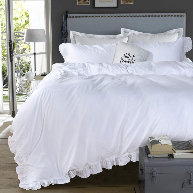 Photo 1 of White Ruffle California King Duvet Cover,100% Washed Cotton Farmhouse Shabby Boho Chic Bedding Comforter Quilt Cover