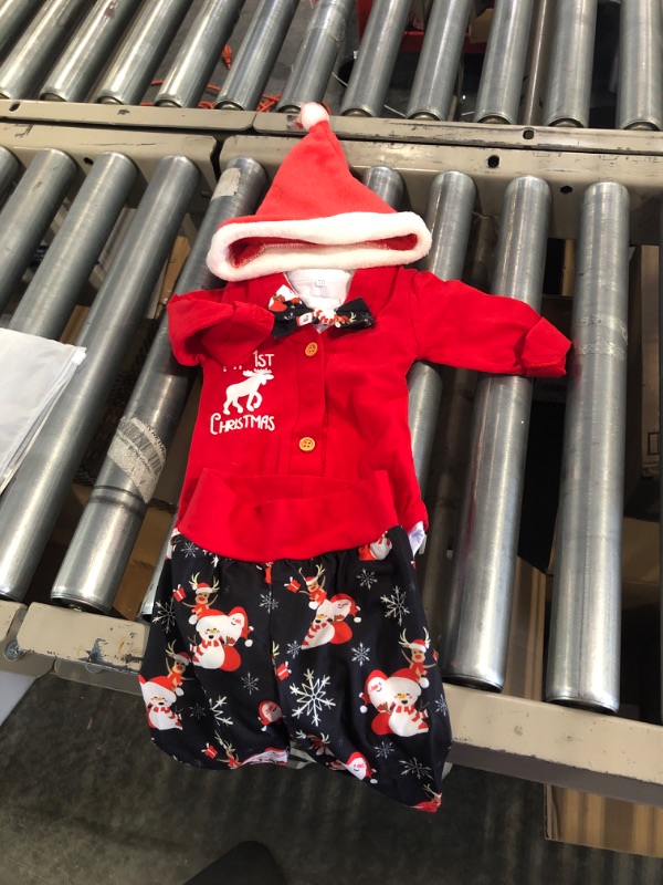Photo 1 of AGAPENG Baby Boy Christmas Outfit My First Christmas Infant Gentleman Romper with Bow Tie Snowman Pants Hat 4PCS Clothes Set My 1st Christmas/Red 6-9 Months