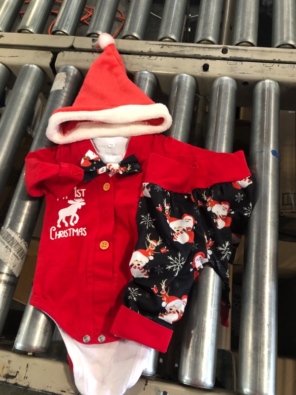 Photo 1 of AGAPENG Baby Boy Christmas Outfit My First Christmas Infant Gentleman Romper with Bow Tie Snowman Pants Hat 4PCS Clothes Set My 1st Christmas/Red 6-9 Months