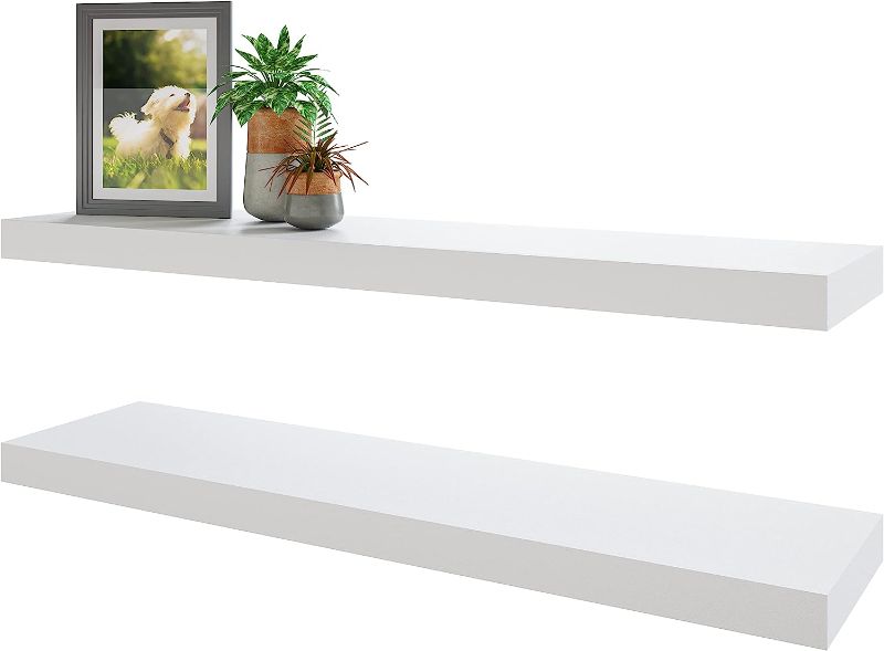 Photo 1 of BAMEOS Floating Shelves, White Wall Mounted Wooden Shelves with Invisible Brackets Set of 2, Hanging Wall Shelves Decoration for Bedroom, Bathroom, Living Room and Kitchen