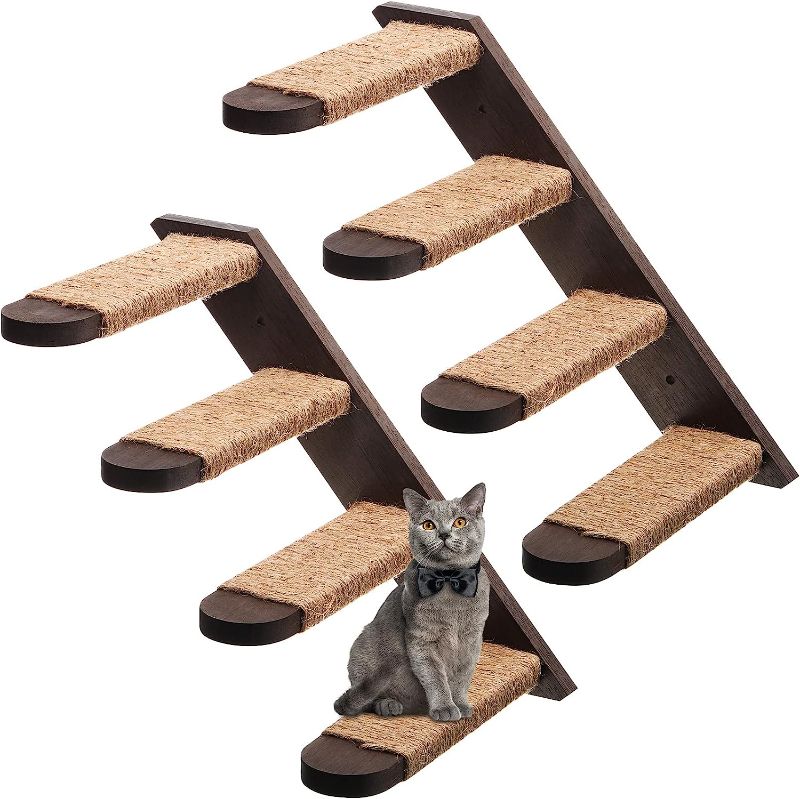 Photo 1 of 2 Pack Cat Climbing Shelf Wood Cat Stair Ladder Wall Mounted Cat Steps, 4 Step Cat Stairway with Jute Scratching and Screwdriver for Cats Perch Platform Play Jump Climber Pet Supplies
