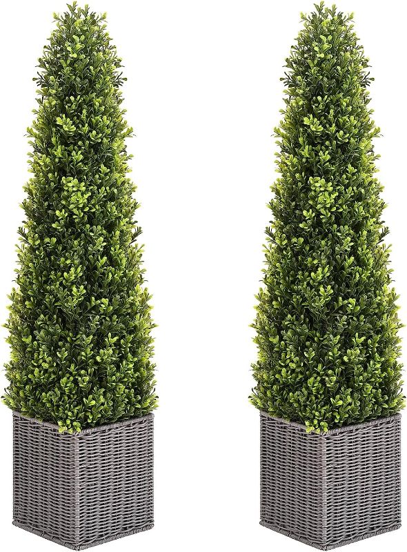 Photo 1 of Artificial Boxwood Topiary Tree, Two 3Ft SEVENLOVE Potted Boxwood Tree Topiary Artificial Plant Shrub for Front Porch Home Office Decor