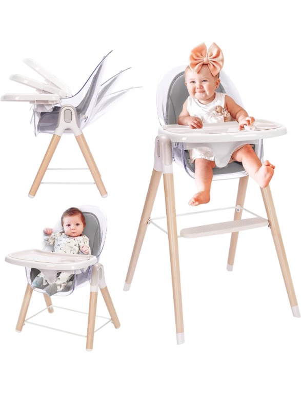Photo 1 of Baby High Chair, 6-in-1 Convertible Wooden High Chair, Recline Chair with Adjustable Hardwood Leg, High Chairs for Babies and Toddlers, Double Dishwasher Safe Tray & Premium Leatherette