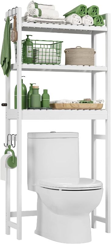 Photo 1 of Bamjoy Over The Toilet Storage Shelf, Bamboo 3 Tier Bathroom Space Saver Organizer, Multipurpose Toilet Storage Rack with 6 Hooks Bathroom Kitchen Balcony Entryway, Easy to Assemble, 64”H White